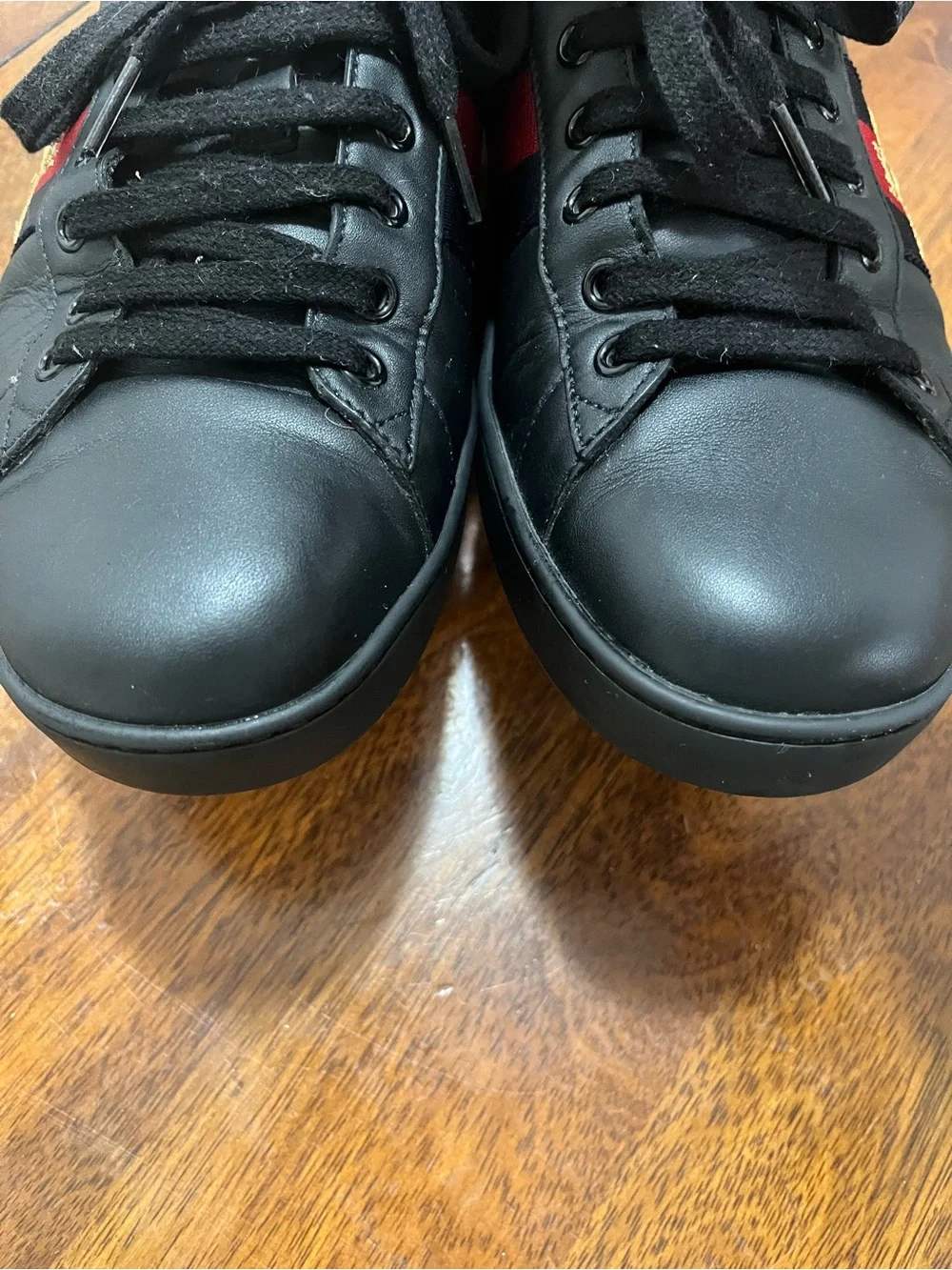 Gucci Black Leather Sneakers with Red & Blue  Stripes and Bee On Side